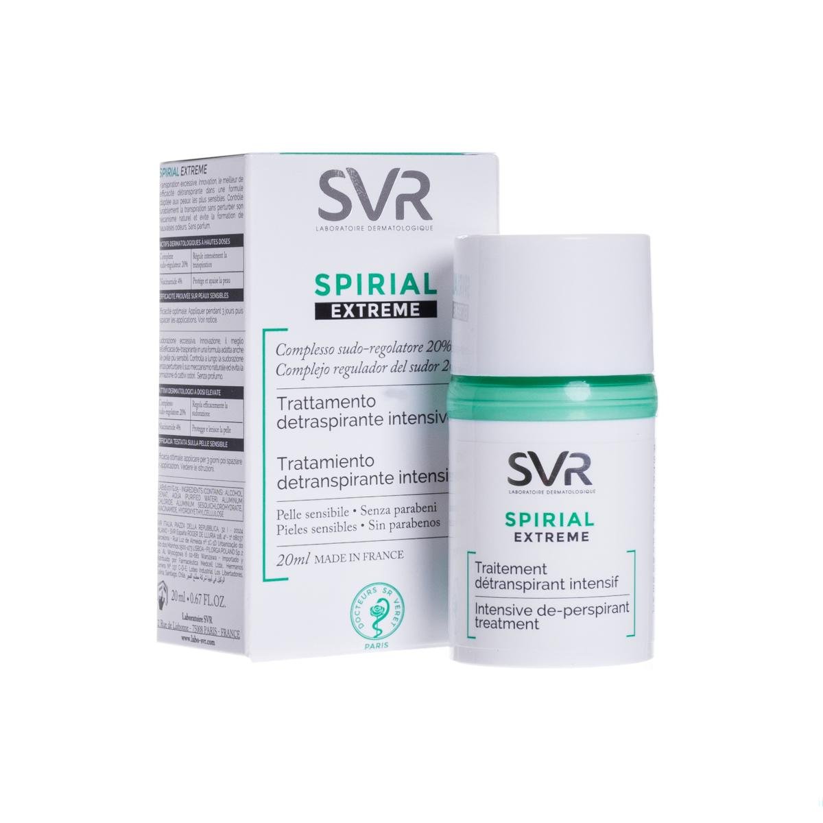 SVR SPIRIAL EXTREM 20ml قوي لأزالة التعرق يستعمل المستحضر خلال 3 أيام ثم تتم إطالة الفترة بين